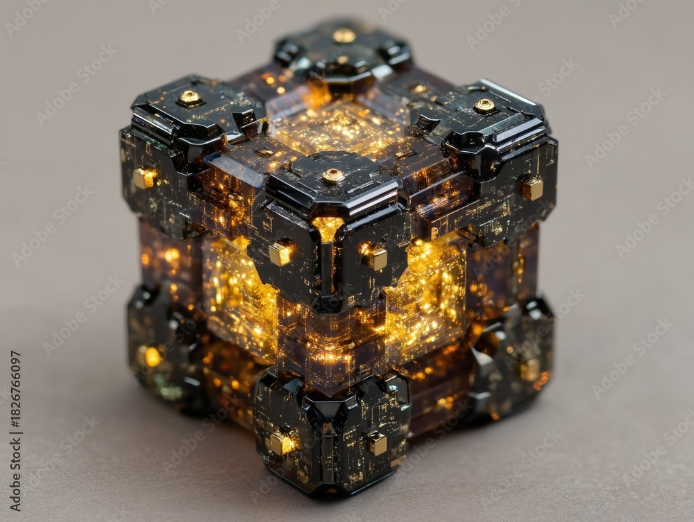 Obraz premium Glowing dark transparent cube featuring intricate internal golden electronic circuit