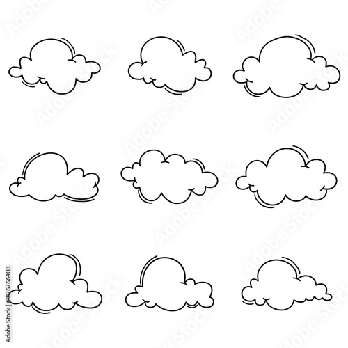 Hand-drawn doodle set of clouds on a white background.