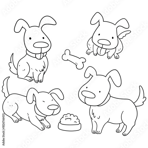 Hand-drawn doodle set of dogs on a white background.