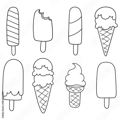 Hand-drawn doodle set of ice creams on a white background.