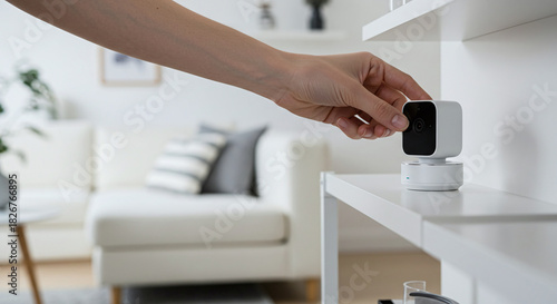 A person adjusts a small indoor smart camera used for home security and monitoring. Concept of an indoor IoT security camera.
