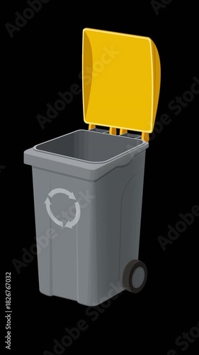 Looping 3D animation of an open gray recycling wheelie bin with a yellow lid. The recycling symbol rotates endlessly. Isolated on green screen with alpha channel. 