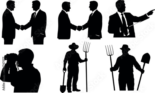 Silhouettes of businessmen and farmers in various poses and actions