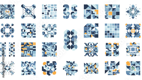 Collection of abstract geometric patterns in blue and yellow tones