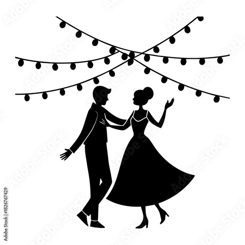 Couple Dancing Under String Lights Anniversary Kit Silhouette Minimal And Simple White Background Only