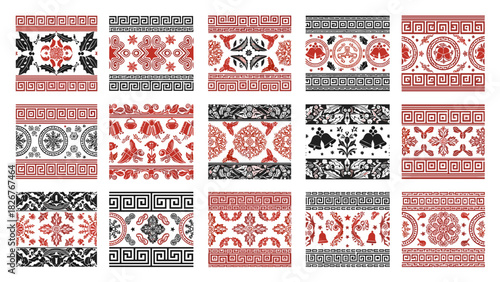 Collection of traditional ornamental patterns in red and black on white