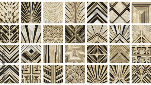 Art deco geometric patterns in gold and black, a collage of squares
