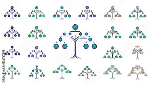 Collection of diverse organizational chart and family tree diagrams