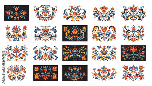 Collection of traditional ukrainian folk art floral ornaments and patterns