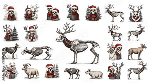 Collection of christmas skeletons and reindeer wearing santa hats