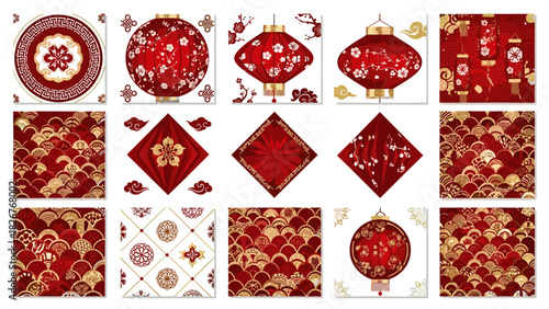 Collection of red and gold chinese new year decorations and patterns