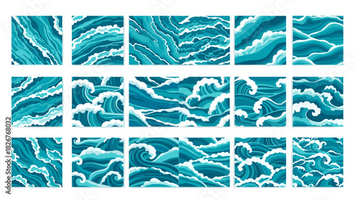 Collection of stylized ocean wave patterns in various shades of blue and teal