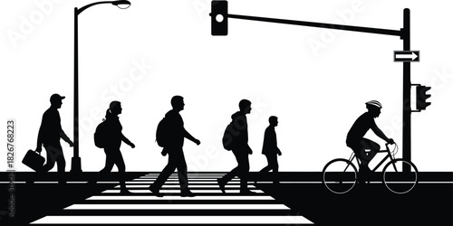 Silhouette of pedestrians and cyclist crossing street, urban crosswalk vector illustration with traffic lights, city commuting concept.