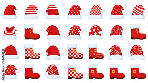 Collection of red and white christmas hats and boots