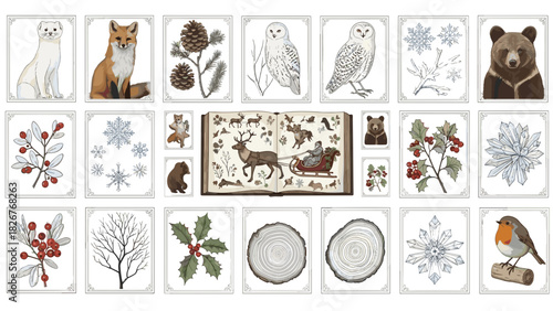 Collection of winter and christmas elements with animals and nature