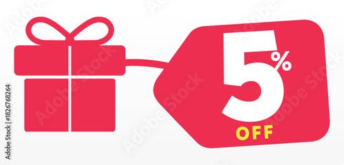 Gift, December, Merry Christmas, party, end of year, vacation, holiday, happy, birthday, special, box. 5%, purchase, promotion, box, label, commerce, price, value, discount, store, market. Icon, vecto