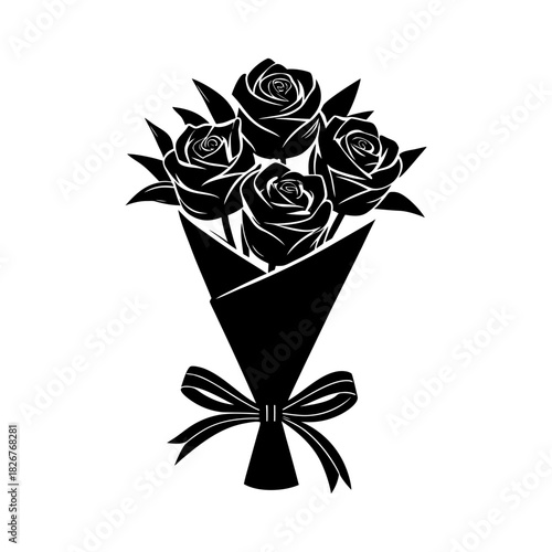 Rose Bouquet Wrapped With Ribbon Anniversary Kit Silhouette Minimal And Simple White Background Only