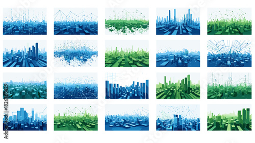 Abstract cityscape with blue and green geometric buildings and structures