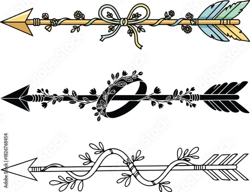 Vector Set of Cupid Arrows Decorated with Flowers, Rings, and Bows for Wedding and Romance