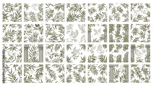 Seamless pattern with olive branches and birds in vintage style