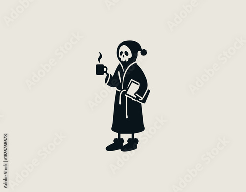 Black silhouette illustration of the Grim Reaper wearing a bathrobe and slippers, holding a book/tablet and a steaming coffee mug.