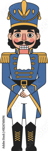 A classic flat vector illustration of a wooden Nutcracker soldier wearing a blue uniform with gold trim and white pants,