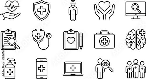 Medical healthcare icon set, doctor and nurse symbols, health protection, medical reports, digital health tools, first aid, clinical care graphics, outline style