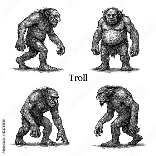 Foto Troll vintage engraving, mythical cave monster illustration, black and white fol