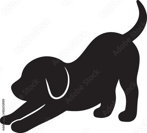 Playful puppy silhouette stretching with front paws extended simple black icon