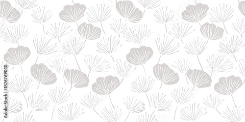 Subtle vector floral seamless pattern. Elegant minimalist grey and white background texture with flower silhouettes, twigs, leaves. Simple abstract botanical print. Modern repeating design for decor