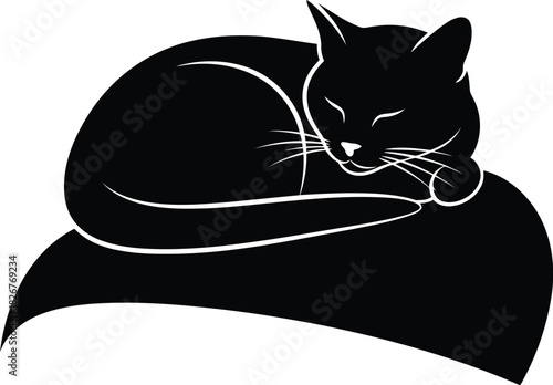 Serene sleeping black cat silhouette cozy restful feline peaceful animal art simple elegant design vector