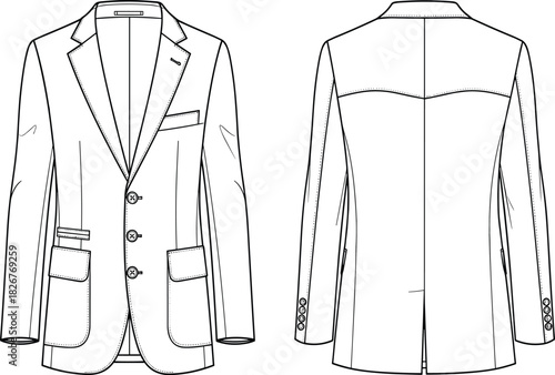 Men's Notch Lapel Sport Blazer Technical Fashion Drawing: Flap Patch Pockets, Three-Button Closure, Back Yoke, Formal and Casual Tailored Garment CAD Template.