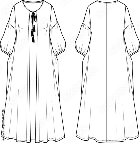 Flowy Bohemian Kaftan Dress Technical Fashion Drawing: Relaxed Silhouette, Gathered Puff Sleeves, Tassel Neck Tie, Maxi Length, Casual Comfort Garment CAD.