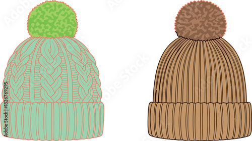 Stylized Digital Illustration of Two Cozy Knitted Winter Hats: One Mint Green Cable Knit with a Bright Green Pom-Pom, and One Brown Ribbed Beanie with a Fawn-Colored Pom-Pom.