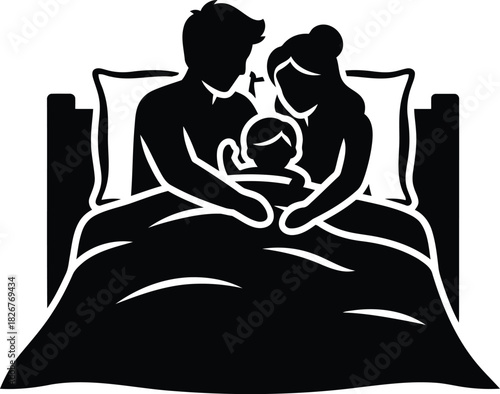 Family couple cuddling newborn baby together in bed silhouette warm love affection peaceful moment cozy atmosphere bonding togetherness vector