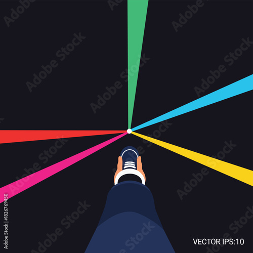 A person's perspective, with a shoe pointing toward a central point where colorful lines converge on a dark backdrop, symbolizing focus.