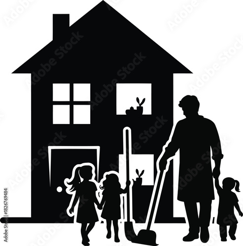 Family life inside and outside home care and property maintenance silhouette vector