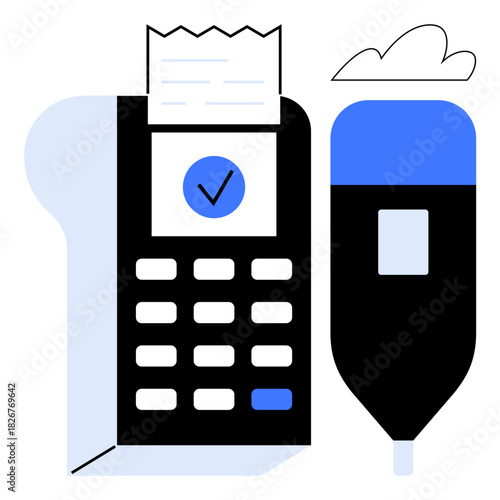 Payment terminal printing receipt beside a digital pen for signing, promoting contactless transactions. Ideal for retail, ecommerce, security, technology, cashless payment, finance, and data