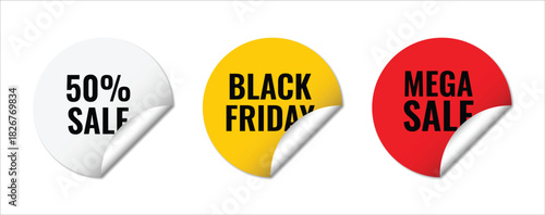 Round Sale Sticker Labels Set with Curled Edges, 50% Sale, Black Friday and Mega Sale Tags, Colorful Promotional Discount Badges for Marketing, Retail Advertising and Ecommerce Designs