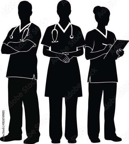 Silhouette of three medical professionals in scrubs with stethoscopes and tablet for healthcare concept vector
