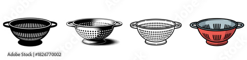 kitchen colander icon set with with outline, engraving, silhouette and color vector illustrations for cooking and food preparation