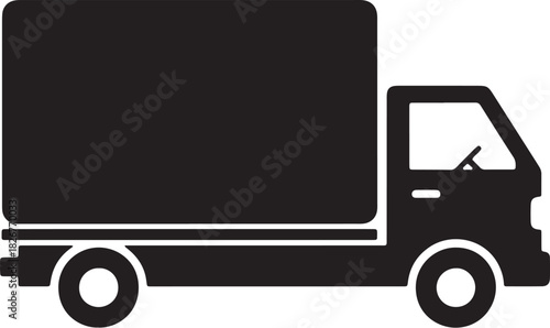 Simple flat black icon of a delivery truck or box van in a solid silhouette style, commonly used for shipping and logistics concepts