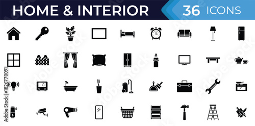 Home and interior glyph icon set. Vector pictograms of furniture, household items, decor, tools, appliances, cleaning, and home essentials illustration