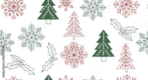Festive holiday seamless pattern featuring winter elements such as snowflakes Christmas trees and holly on a clean white background offering a cheerful winter celebration