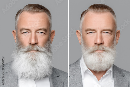 Mature man with gray beard and hair in gray suit juxtaposed