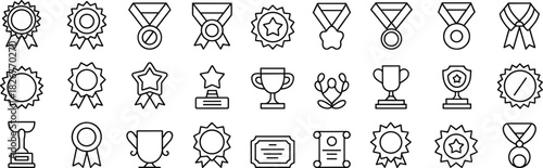 Award icon set, achievement symbols, trophy and medal graphics, certificate elements, recognition badges, vector design, honor emblems, success icons