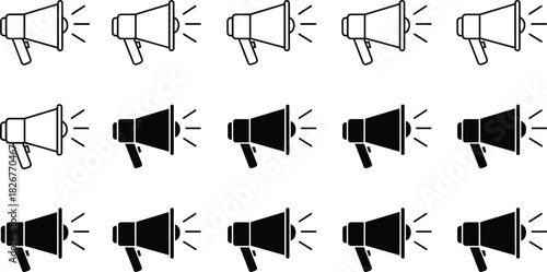 , sound, volume, broadcast, graphic, set, line, outline icon, filled icon, speaker symbol, announcement 