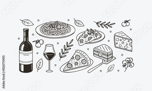 Wine and cheese food and drinks illustration set