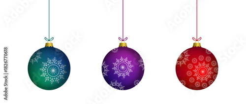 Christmas 3d purple, blue, red hanging balls set vector illustration. Merry christmas baubles collection to use for christmas card, greetings, xmas, winter holiday, new year projects. 