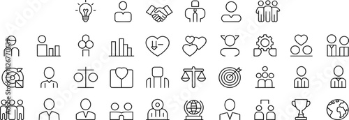 Business and leadership icon set, teamwork graphics, personal development symbols, vector design, minimal style, black silhouettes